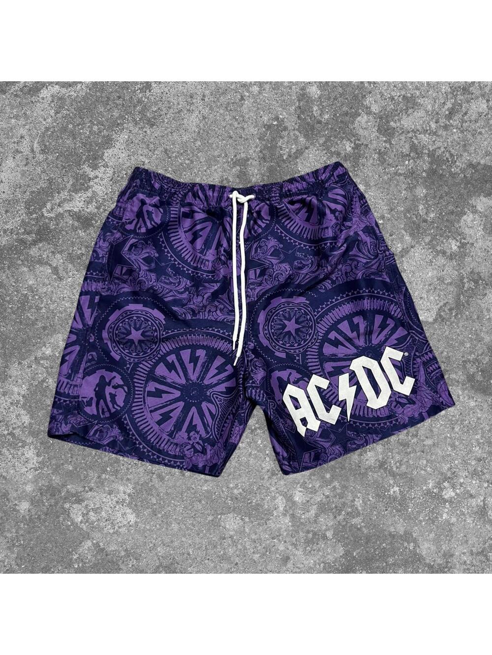 AC DC Purple Graphic Swim Trunks Mens Elastic Waist Mesh Lined Band Shorts Rock